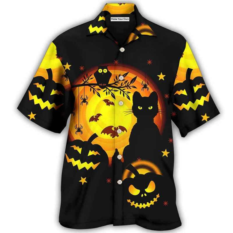 Black Cat Halloween Awesome Pumpkin Hawaiian Shirt Artwork Detail For Tropical Trips And Casual Outings