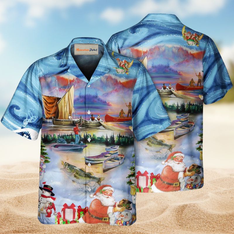 Festive Fishing Christmas Hawaiian Shirt For Island Vacations, Resort Wear, And Relaxed Seasonal Style
