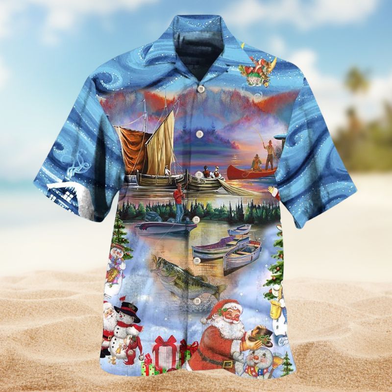 Festive Fishing Christmas Hawaiian Shirt For Island Vacations, Resort Wear, And Relaxed Seasonal Style