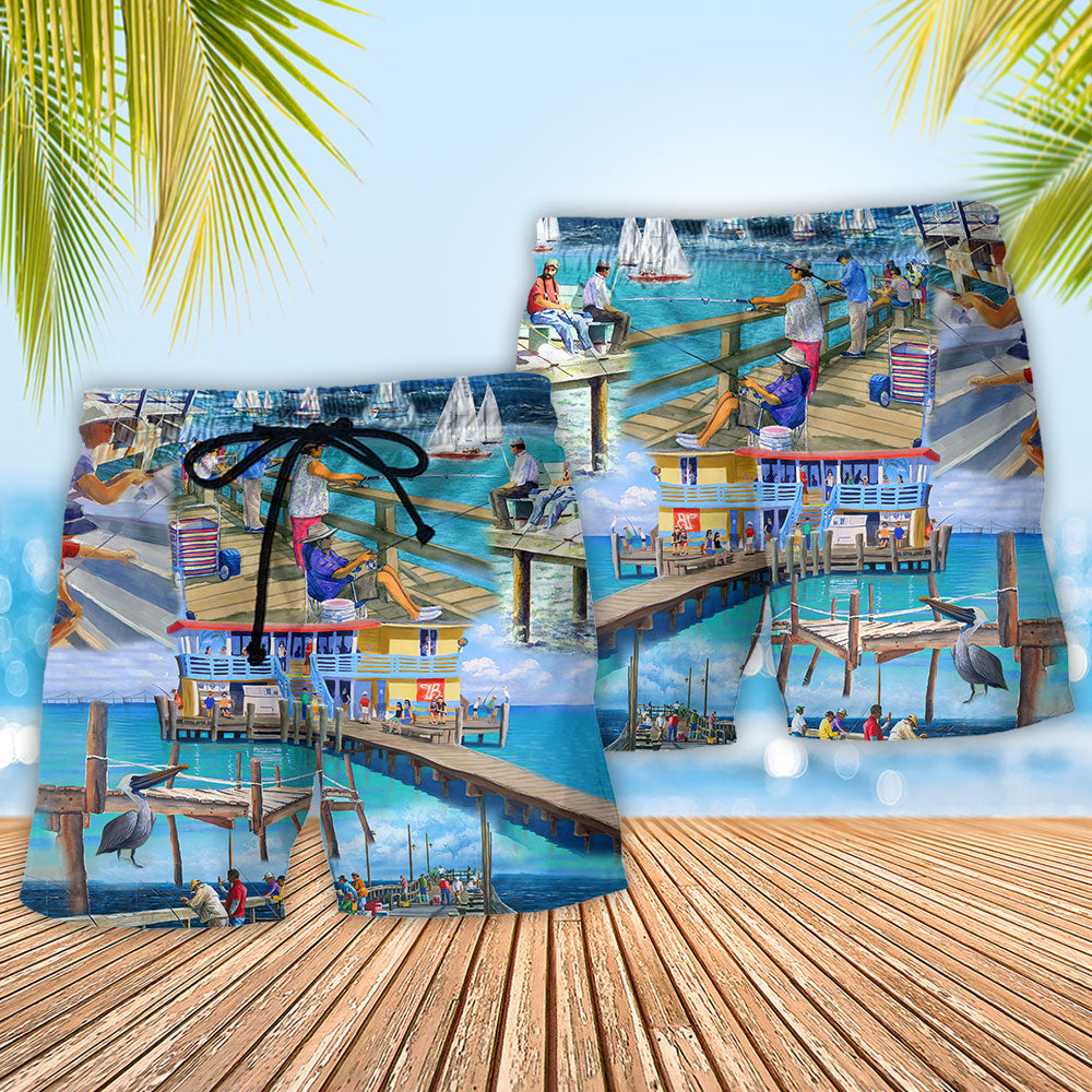 Fishing Pier Blue Sea Beach Shorts Pattern Detail For Seaside Leisure And Leisure And Relaxation
