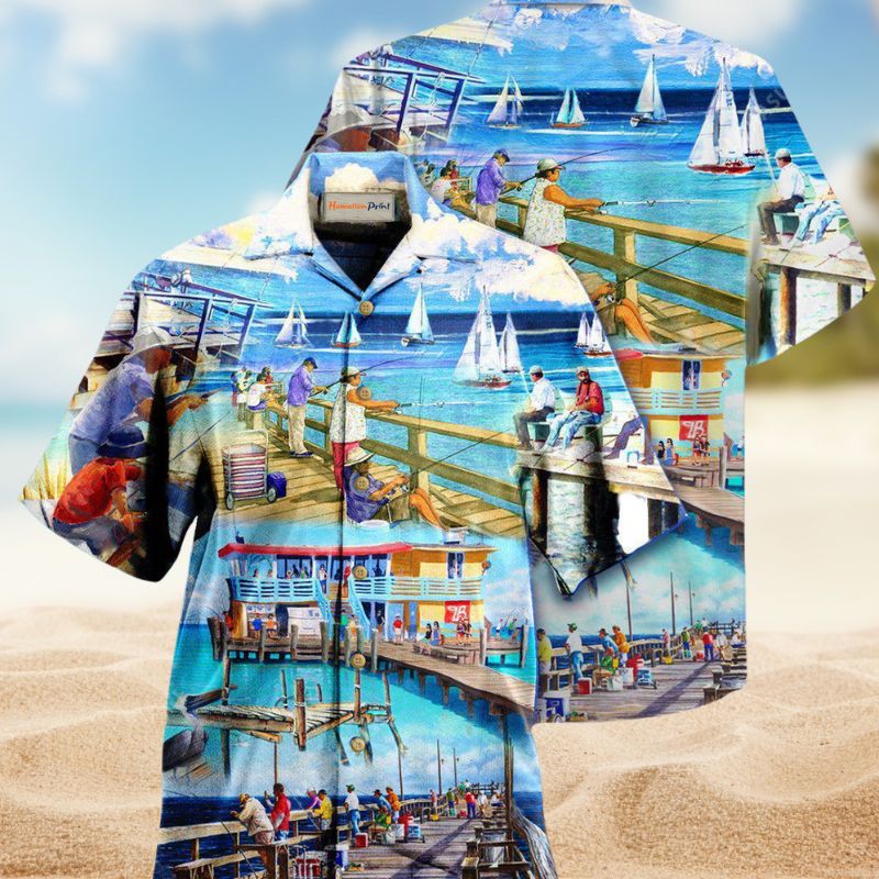 Fishing Pier Hawaiian Shirt For Coastal Adventures Outdoor Gatherings And Casual Warm Weather Wear