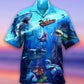 Blue Ship Shark Fishing Small Ocean Hawaiian Shirt Pattern View For Lightweight Everyday Style