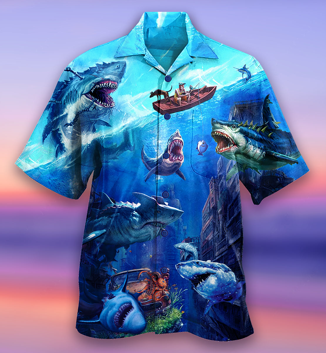 Blue Ship Shark Fishing Small Ocean Hawaiian Shirt Pattern View For Lightweight Everyday Style