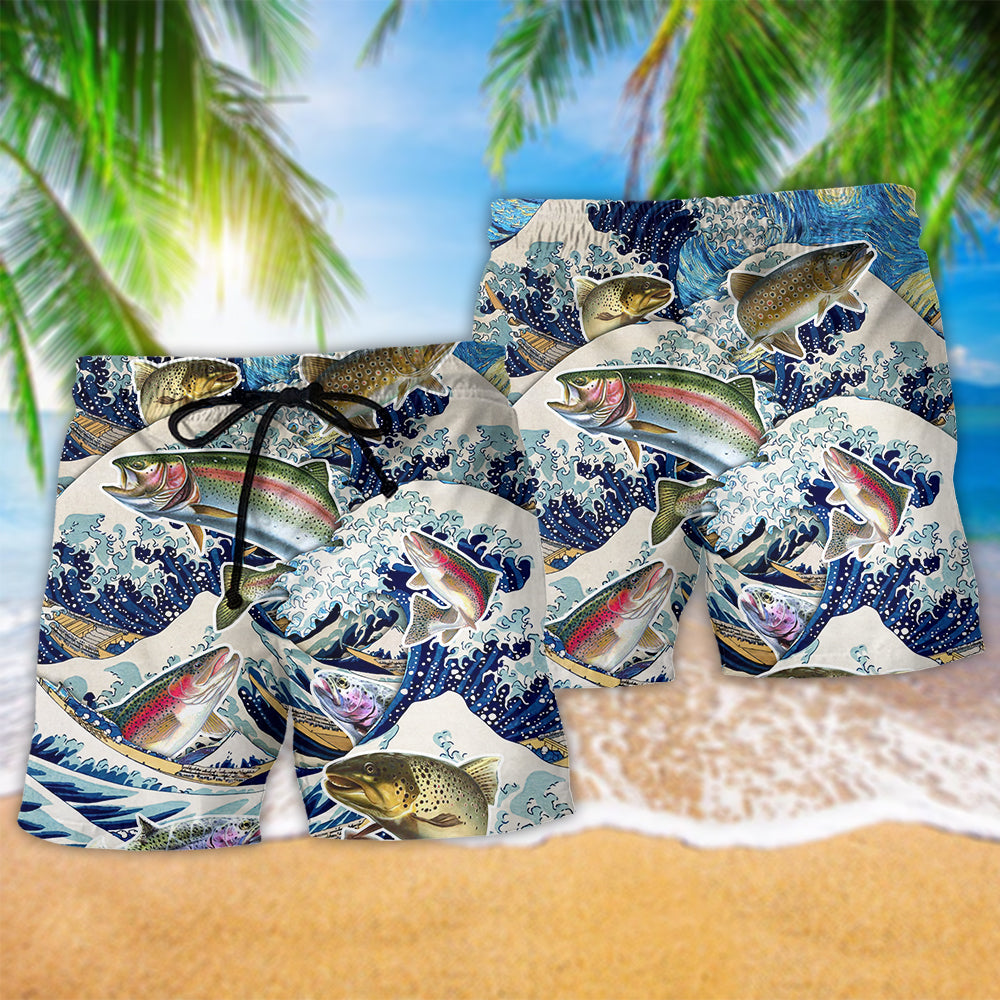 Trout Fishing Big Wave Action Beach Shorts Pattern View For Coastal Holidays And Casual Activities