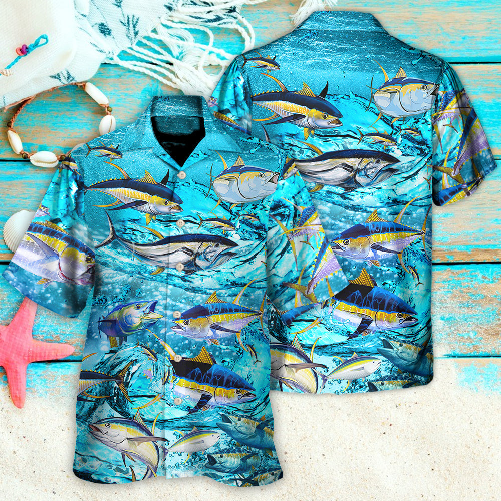 Blue Fish Fishing Tuna Sea Hawaiian Shirt Pattern Detail For Vacation Travel And Daily Wear