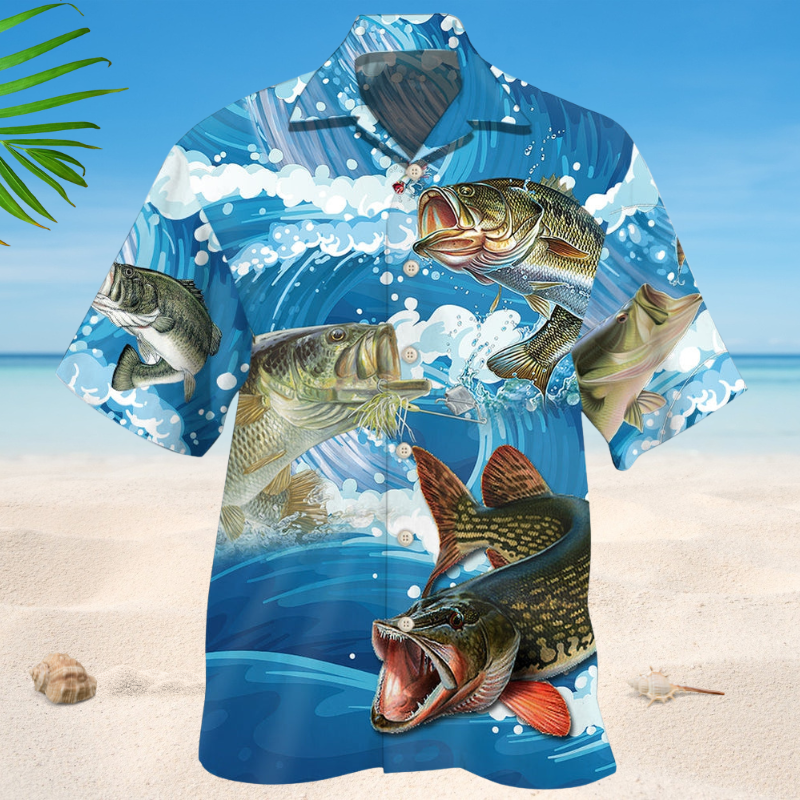 Fishing Blue Wave Hawaiian Shirt For Summer Vacation, Beach Travel, And Casual Wear