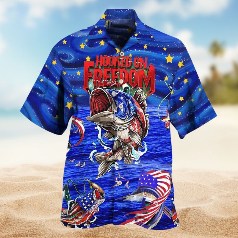 Fishing Hooked Freedom Hawaiian Shirt For Active Holidays, Resort Trips, And Warm Weather Gatherings
