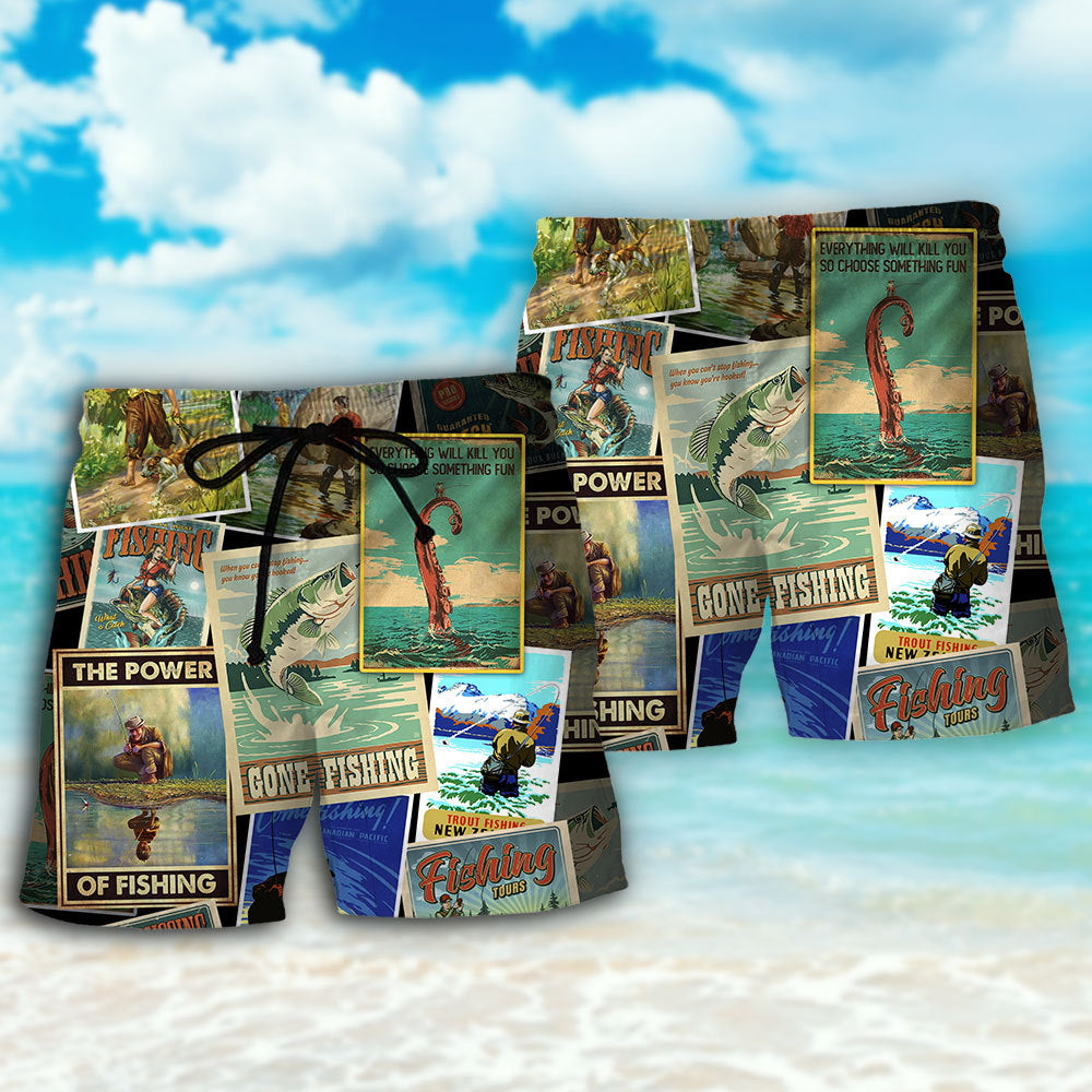 Fishing Retro Power Beach Shorts Artwork Detail For Tropical Travel And Everyday Wear