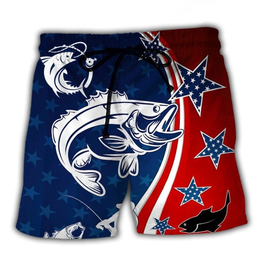 Fishing USA Independence Day Star Beach Shorts Artwork Detail For Tropical Travel And Everyday Wear