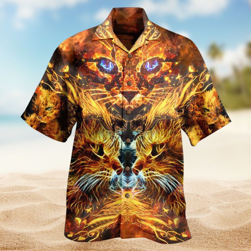 Flaming Cat Hawaiian Shirt For Island Vacations, Resort Wear, And Relaxed Seasonal Style