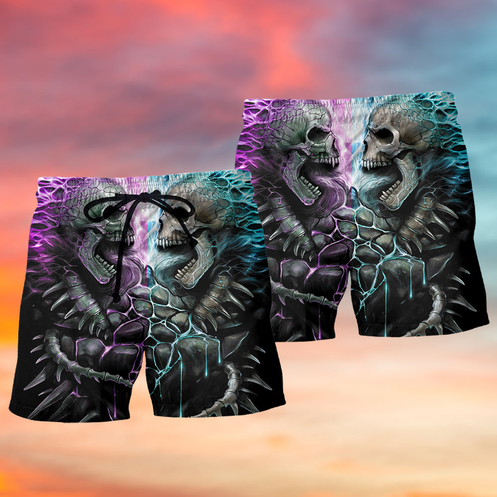 Flaming Skull Intense Beach Shorts Pattern View For Coastal Holidays And Casual Activities