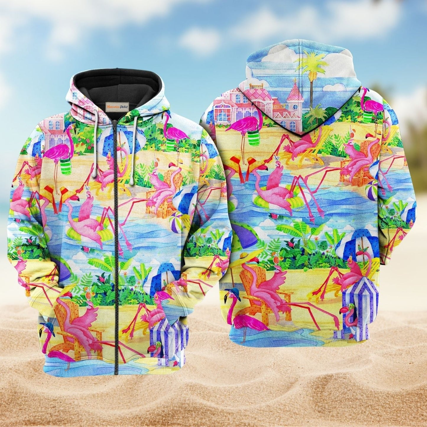 Flamingo Beach Love Hoodie For Relaxed Streetwear Weekend Travel And Everyday Style