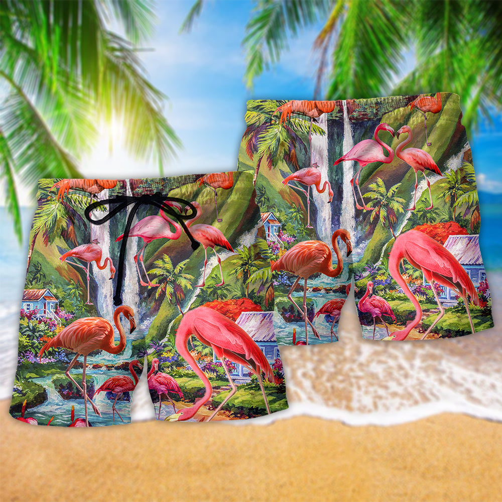 Flamingo Scenic Landscape Beach Shorts Pattern Detail For Poolside Fun And Everyday Comfort