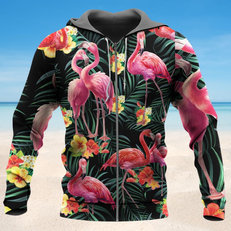 Flamingo Couple Love Flowers Hoodie For Casual Streetwear Travel And Everyday Comfort