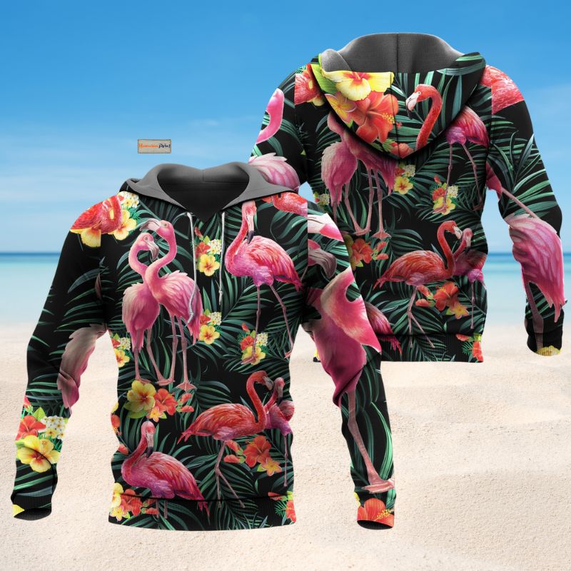 Flamingo Couple Love Flowers Hoodie For Casual Streetwear Travel And Everyday Comfort