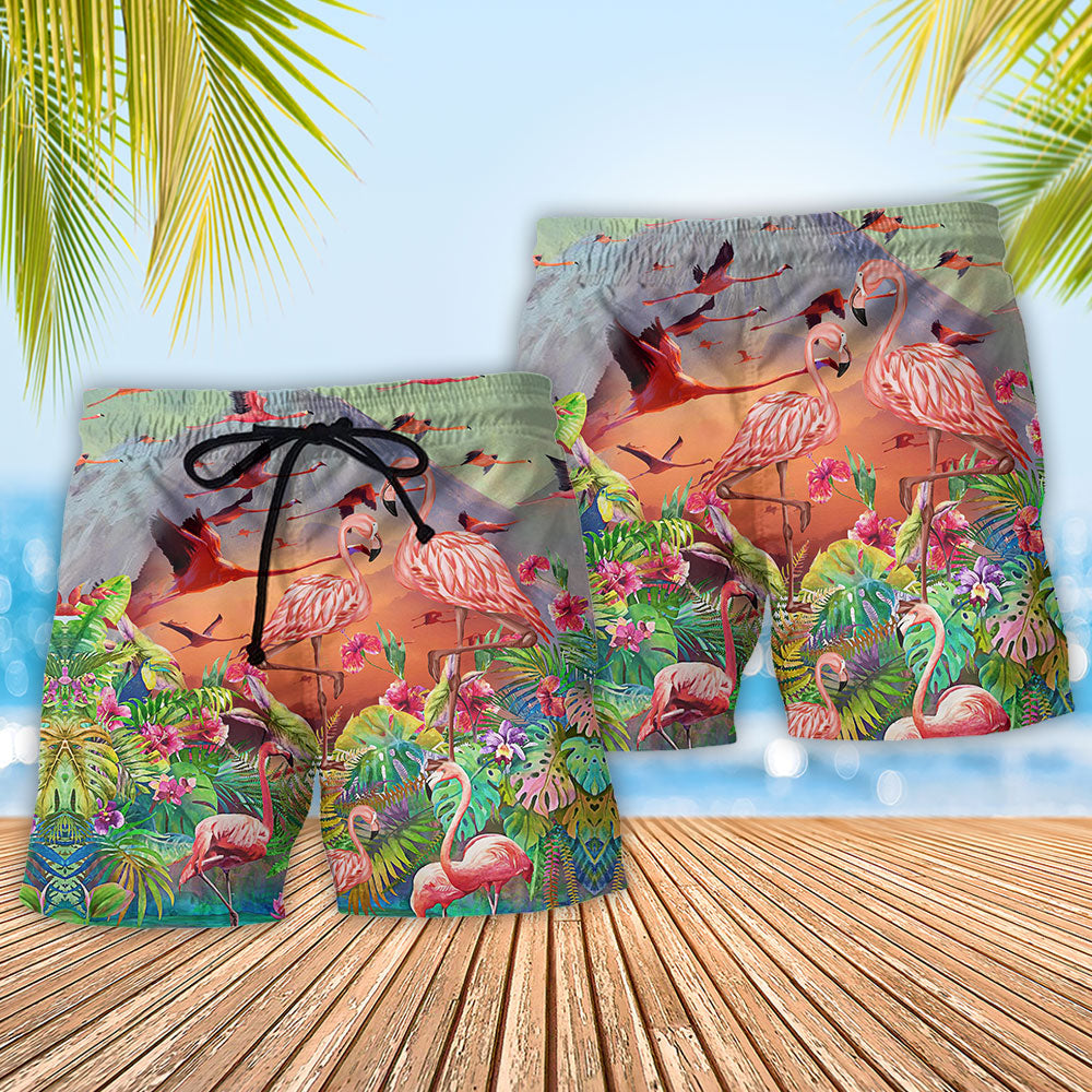 Flamingo World Tropical Leaf Beach Shorts Pattern Detail For Casual Outings And Lightweight Summer Style