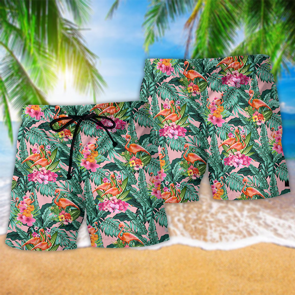 Flamingo Floral Tropical Leaf Beach Shorts Print Detail For Beach Activities And Vacation Wear