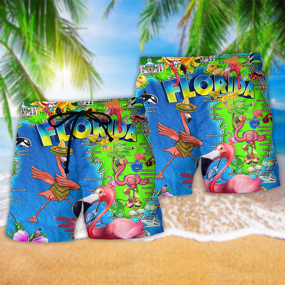 Florida Flamingo Travel Beach Shorts Pattern Detail For Outdoor Activities And Relaxed Casual Style
