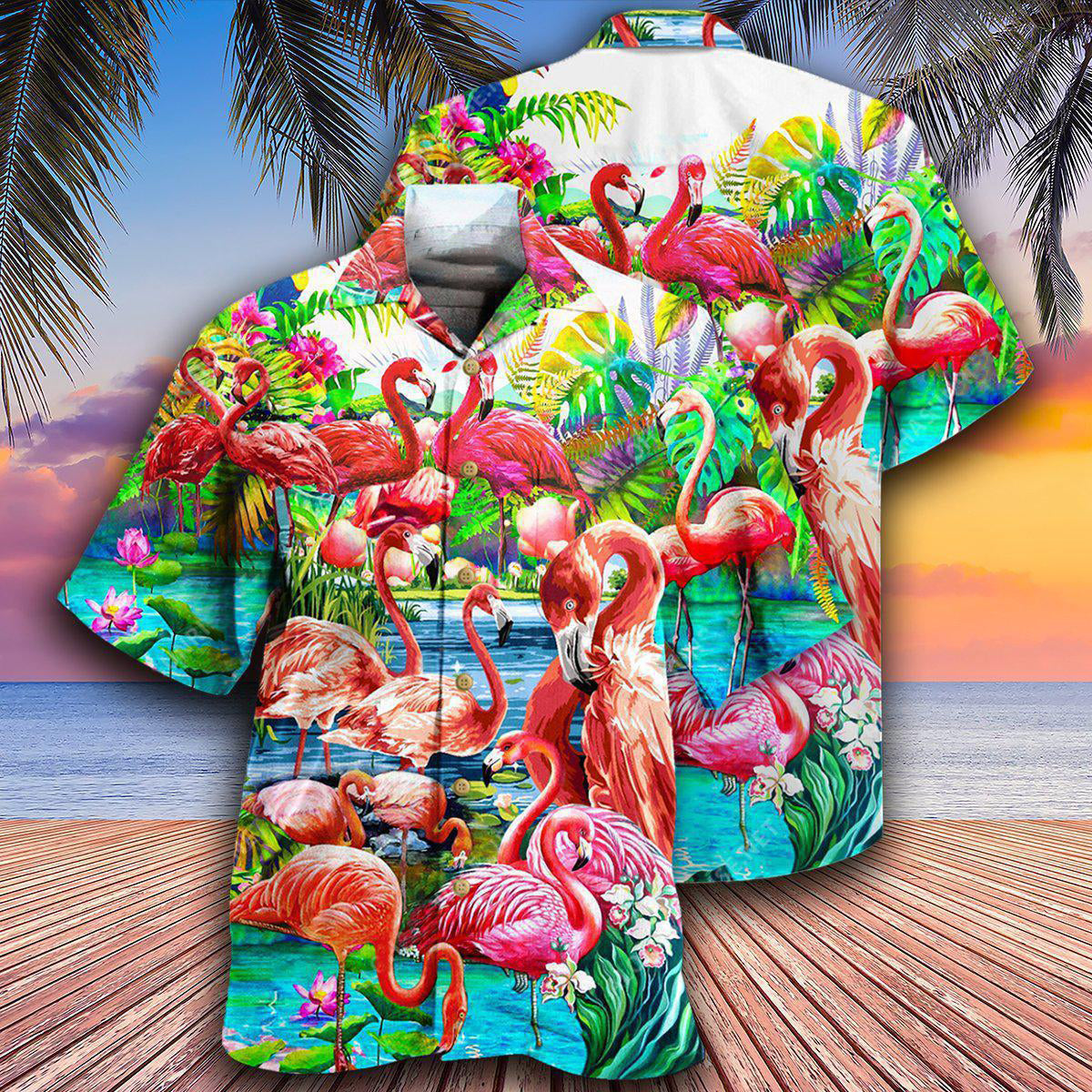 Green Flamingo Slow Moment Hawaiian Shirt Pattern Detail For Summer Holidays And Outdoor Fun