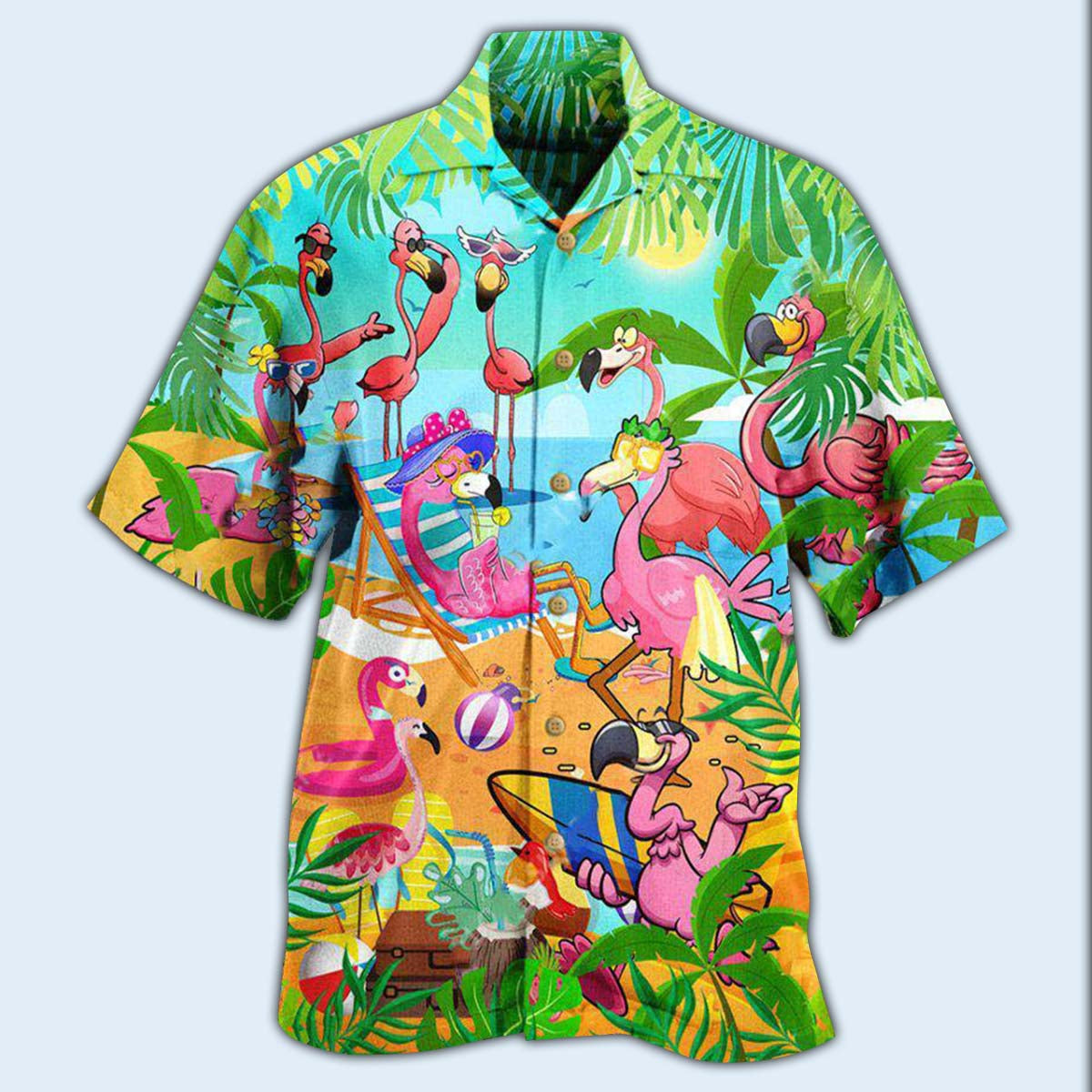 Flamingo Flocked Hawaiian Shirt For Summer Vacation And Beach Travel