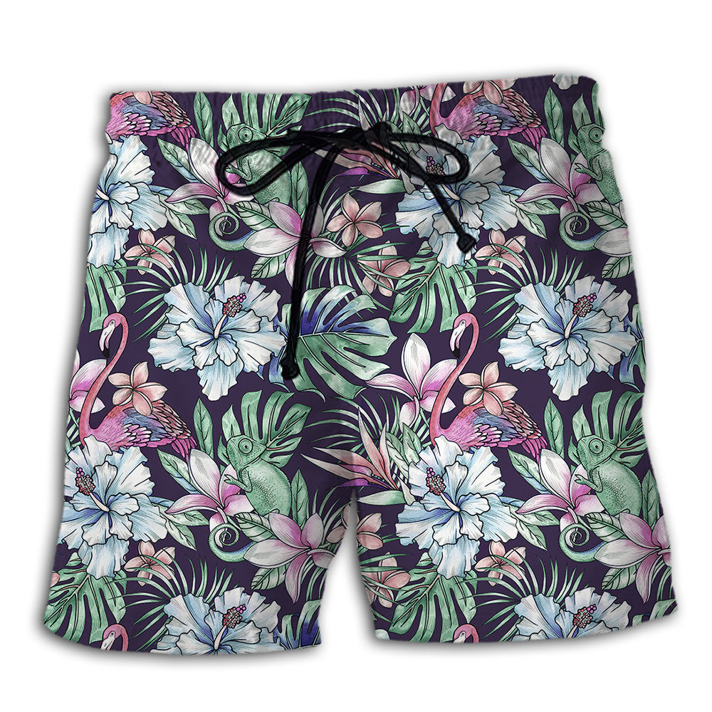 Hibiscus Summer Flamingo Beach Shorts For Island Getaways And Weekend Casual Style