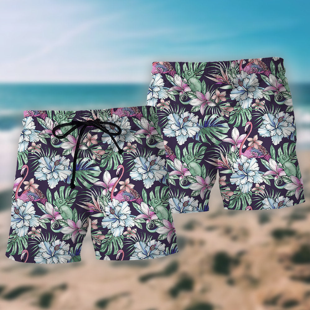 Hibiscus Summer Flamingo Beach Shorts Pattern Detail For Resort Wear And Weekend Casual Style
