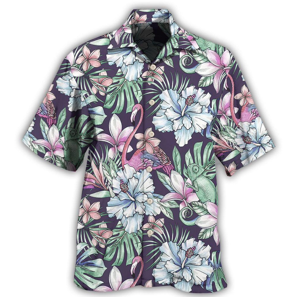 Summer Flamingo Lizard Hibiscus Hawaiian Shirt For Animal Lovers, Beach Travel, And Casual Summer Style