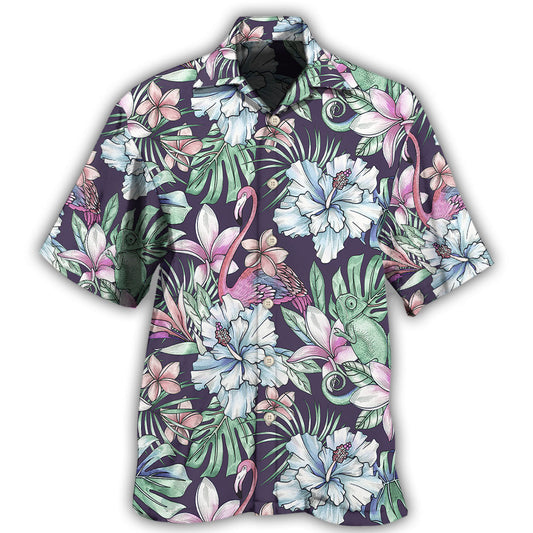 Summer Flamingo Lizard Hibiscus Hawaiian Shirt For Animal Lovers, Beach Travel, And Casual Summer Style