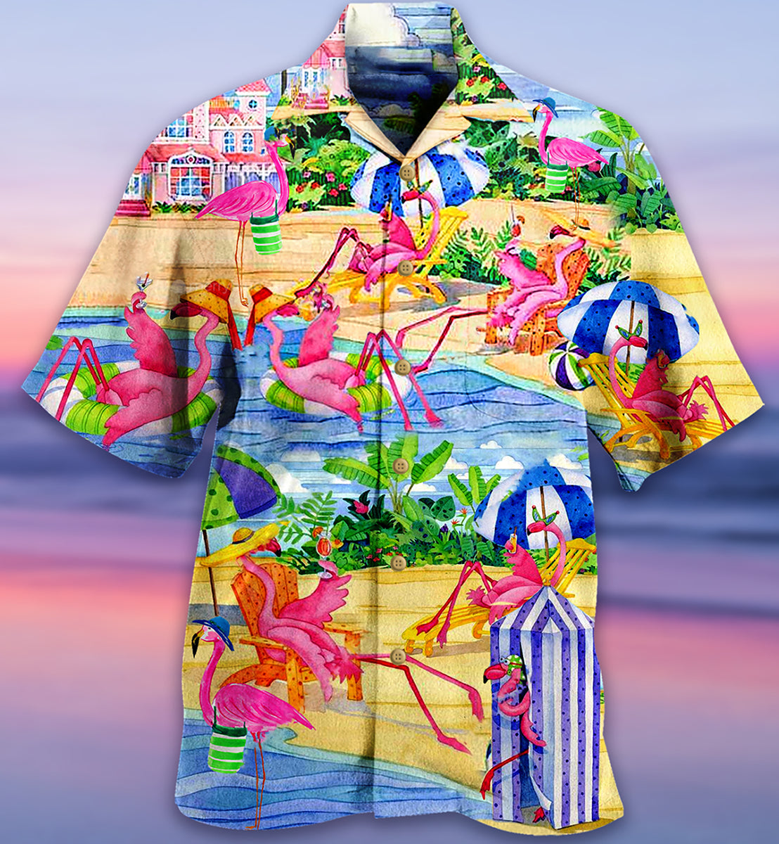 Flamingo Beach Hawaiian Shirt Pattern Detail For Vacation Travel And Daily Wear