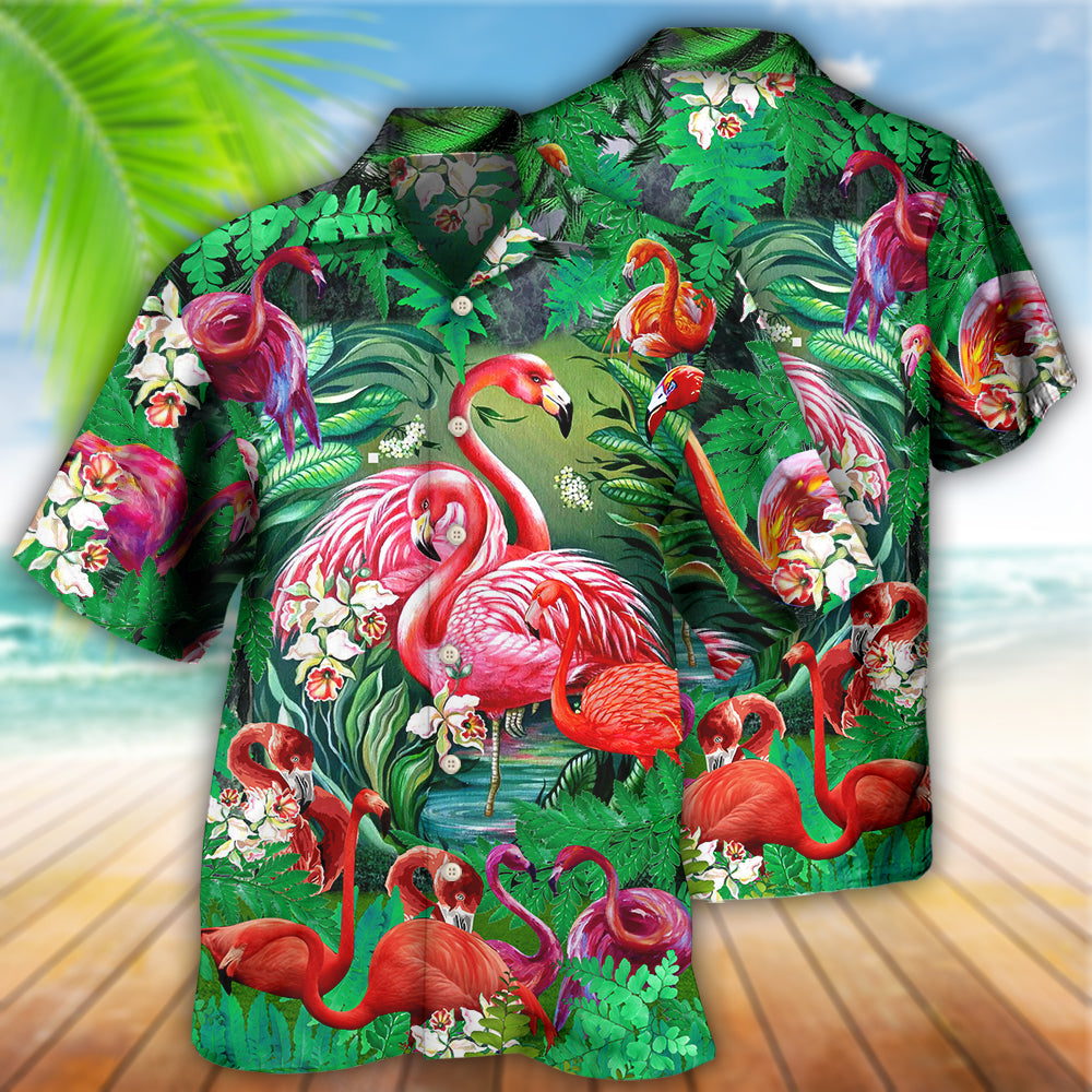 Pink Flamingo Hawaiian Shirt Design Detail For Beach Days And Holiday Travel