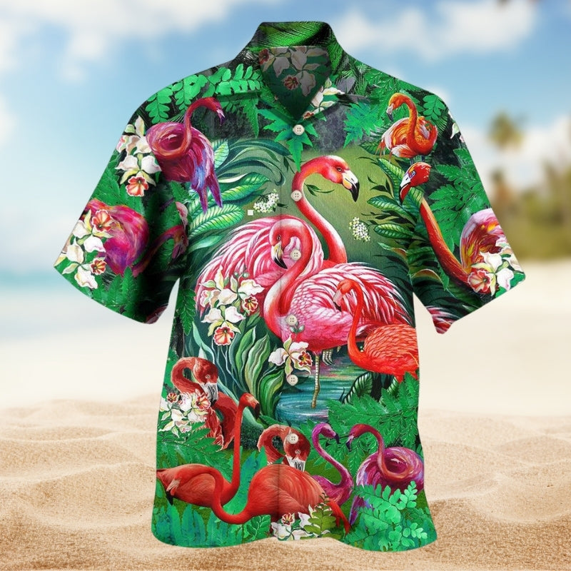 Tropical Flamingo Hawaiian Shirt For Resort Holiday, Warm Weather Outing, And Coastal Style