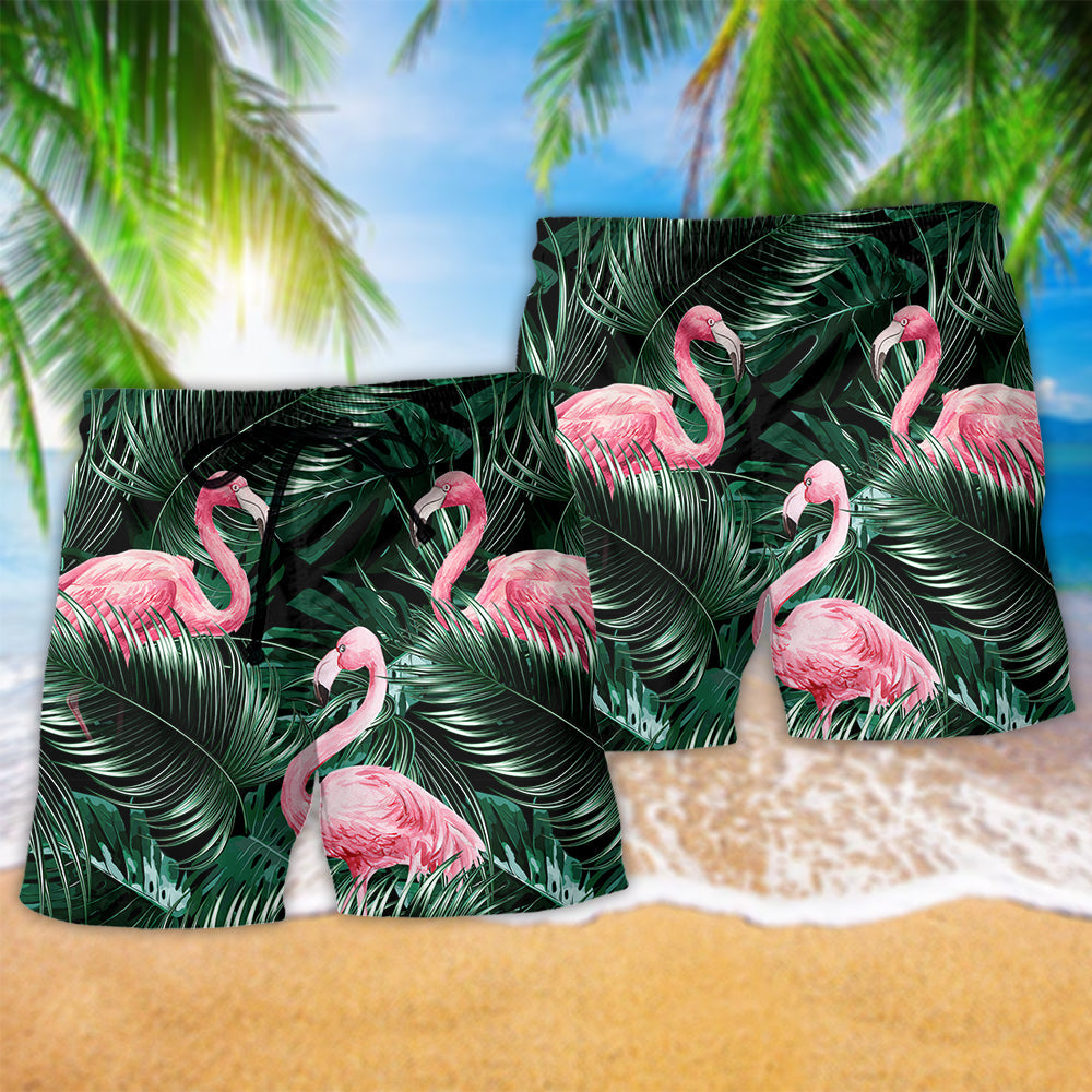 Flamingo Tropical Leaf Beach Shorts Pattern Detail For Seaside Leisure And Leisure And Relaxation