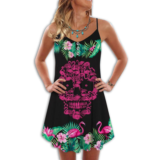 Flamingo Tropical Skull Summer – Women's Summer Sleeveless V-Neck Camisole Dress