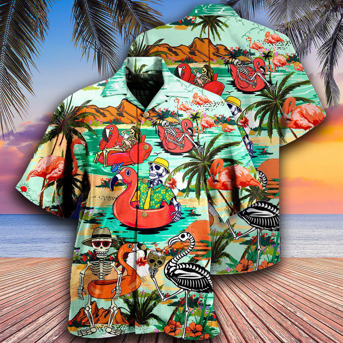 Skull Flamingo Mountain Island Hawaiian Shirt For Coastal Adventures And Warm Weather Wear