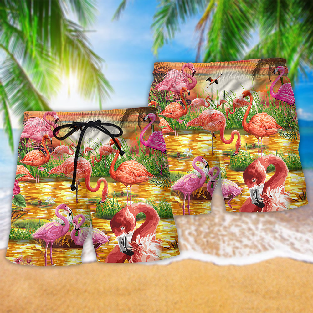 Flamingo Romantic Sunset Beach Shorts Pattern Detail For Sunny Day Activities And Easygoing Coastal Style
