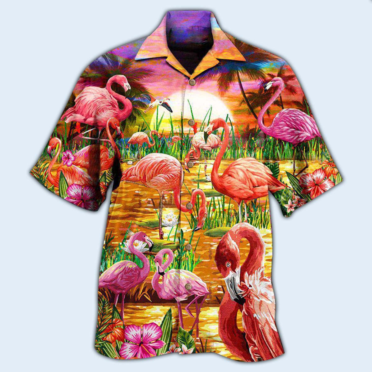 Flamingo Romantic Sunset Hawaiian Shirt Pattern Detail For Vacation Travel And Daily Wear
