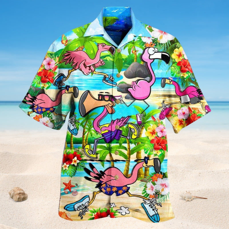 Flamingo Running Flamingoes Hawaiian Shirt For Nature Fans, Resort Trips, And Comfortable Warm Weather Wear
