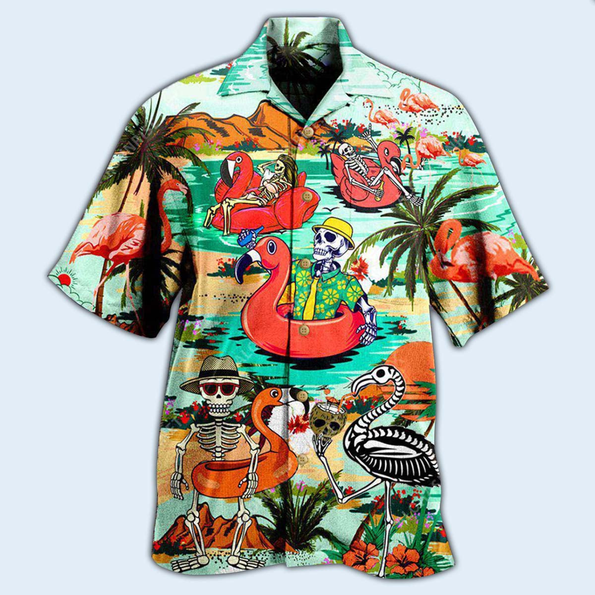 Skull Flamingo Mountain Island Hawaiian Shirt Artwork Detail For Tropical Trips And Casual Outings