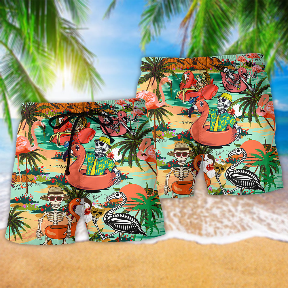 Flamingo Skull Tropical Hawaii Beach Shorts Pattern Detail For Warm Weather Comfort And Bright Summer Outfits
