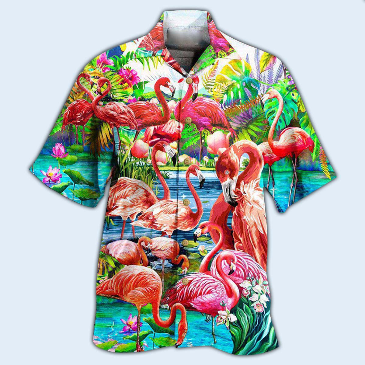 Green Flamingo Slow Moment Hawaiian Shirt Design View For Resort Travel And Thoughtful Gifting