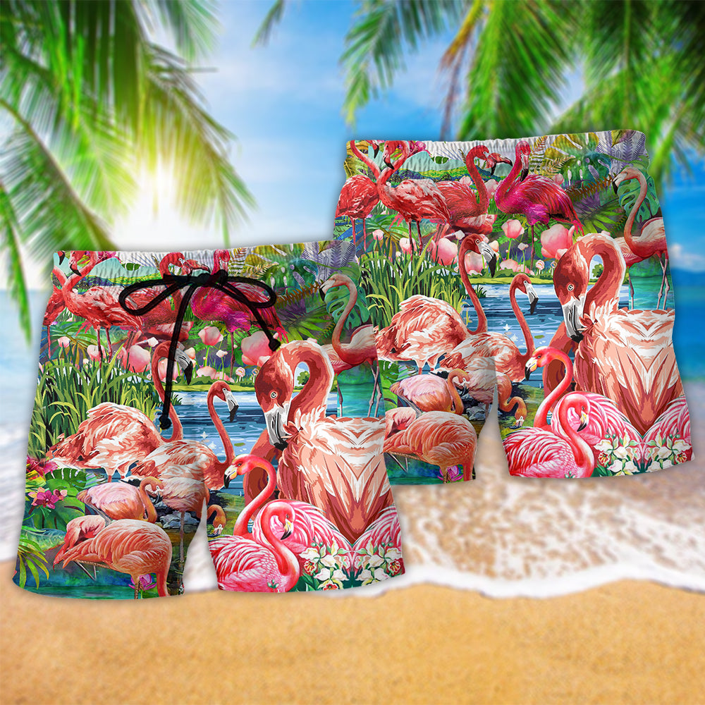 Flamingo Slow Lotus Zen Beach Shorts Pattern Detail For Seaside Leisure And Easy Warm Weather Wear