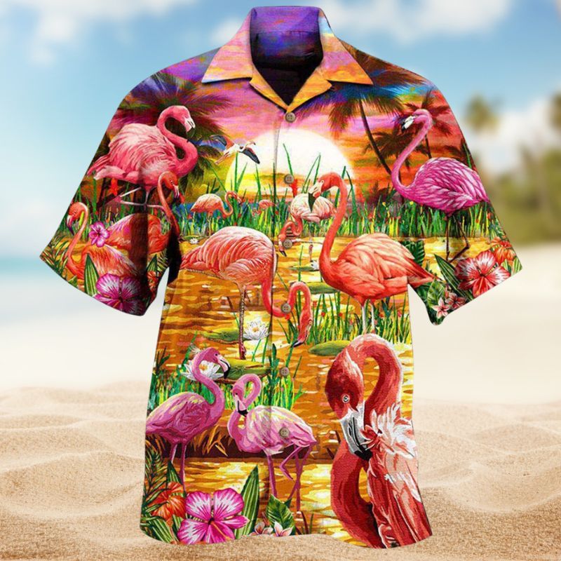 Flamingo Sunset Romance Hawaiian Shirt For Summer Vacation, Beach Travel, And Casual Wear