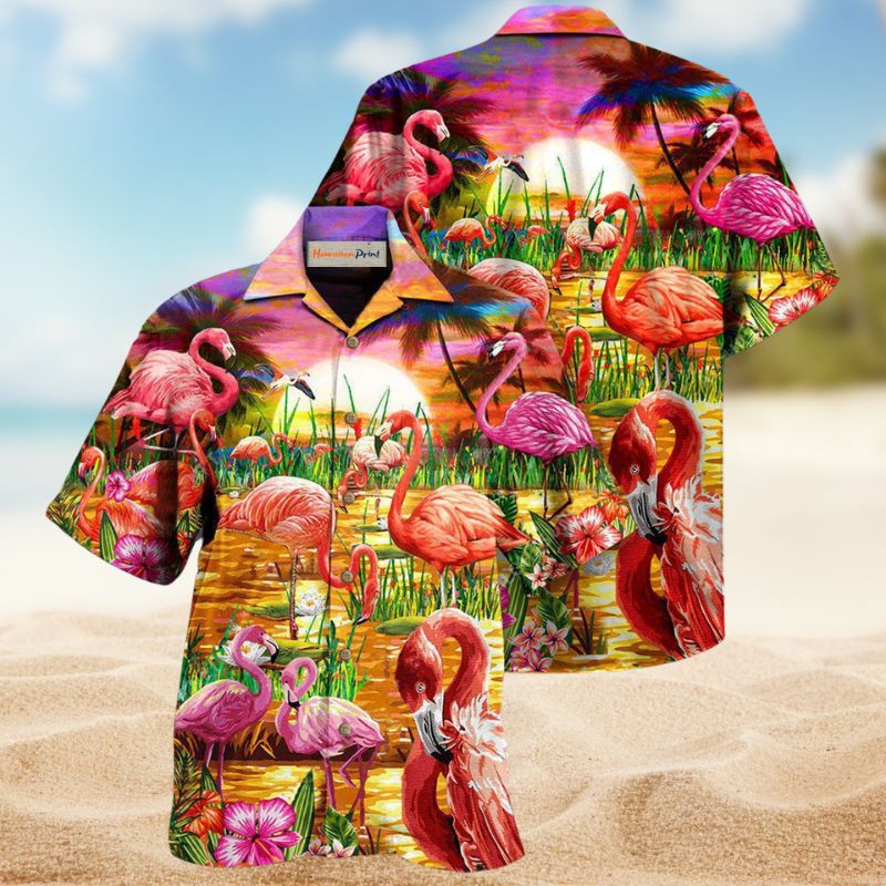 Flamingo Sunset Romance Hawaiian Shirt For Summer Vacation, Beach Travel, And Casual Wear