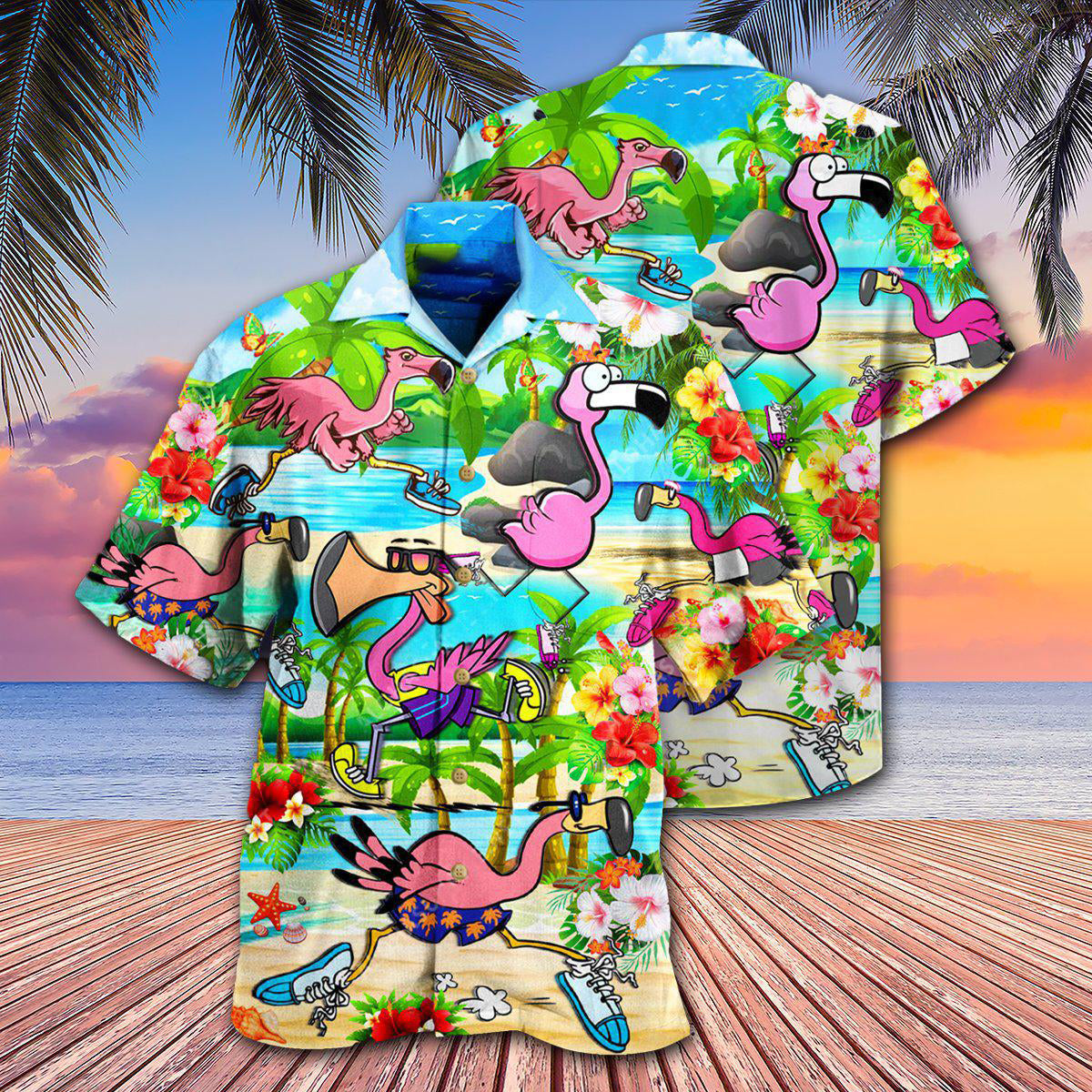 Flamingo Running Flamingoes Hawaiian Shirt Design Detail For Beach Days And Holiday Travel