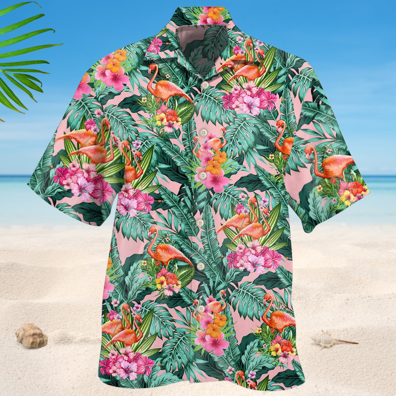 Tropical Flamingo Leaf Hawaiian Shirt For Island Vacations, Weekend Events, And Relaxed Everyday Outfits