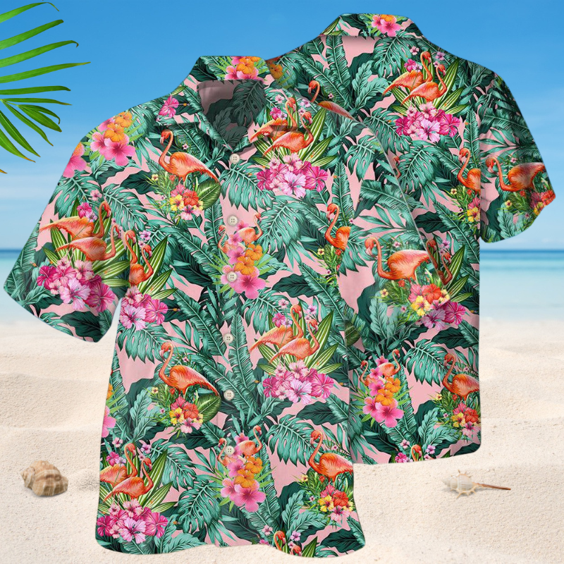 Tropical Flamingo Leaf Hawaiian Shirt For Island Vacations, Weekend Events, And Relaxed Everyday Outfits