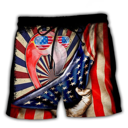 Flamingo USA Independence Day Celebration Beach Shorts Artwork Detail For Comfortable Everyday Summer Wear
