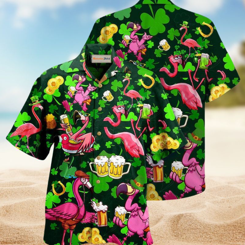 Flamingo Craft Beer Saint Patrick's Pattern Hawaiian Shirt For Summer Vacation Beach Travel And Relaxed Casual Wear