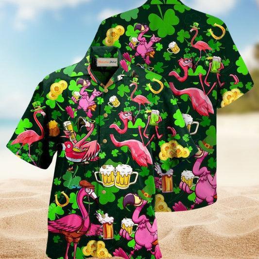 Flamingo Craft Beer Saint Patrick's Pattern Hawaiian Shirt For Summer Vacation Beach Travel And Relaxed Casual Wear