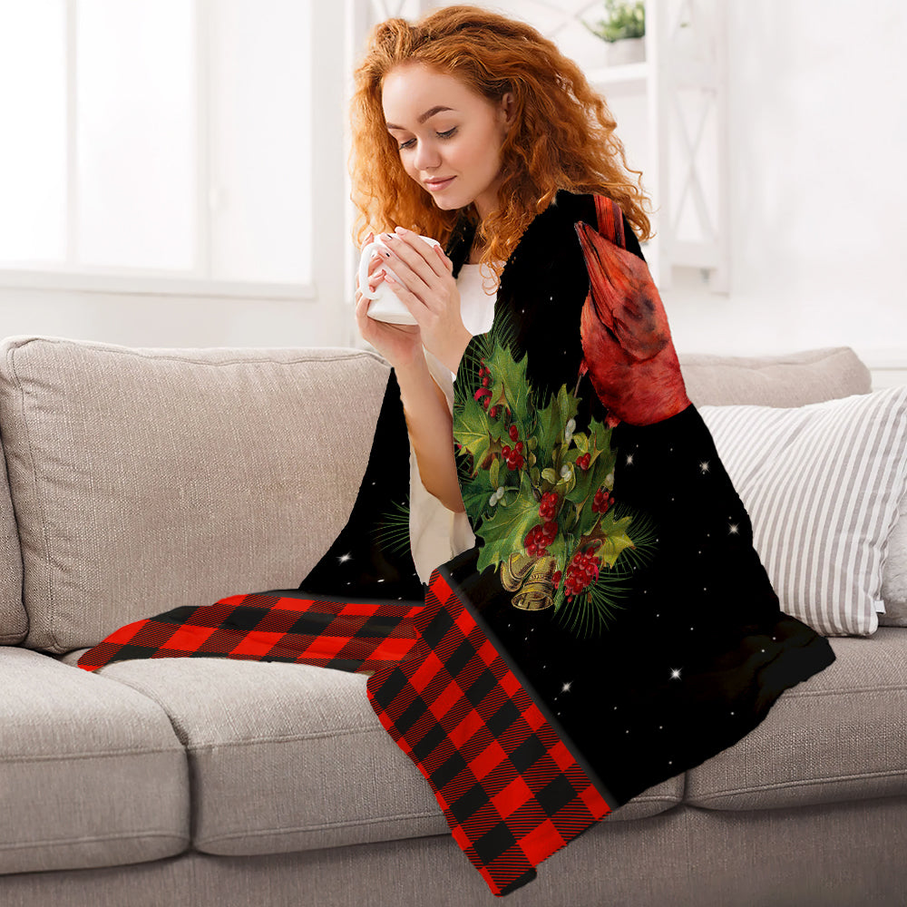 Cardinal Tartan Christmas Merry And Bright Flannel Blanket For Cozy Bedroom Sofa Decor